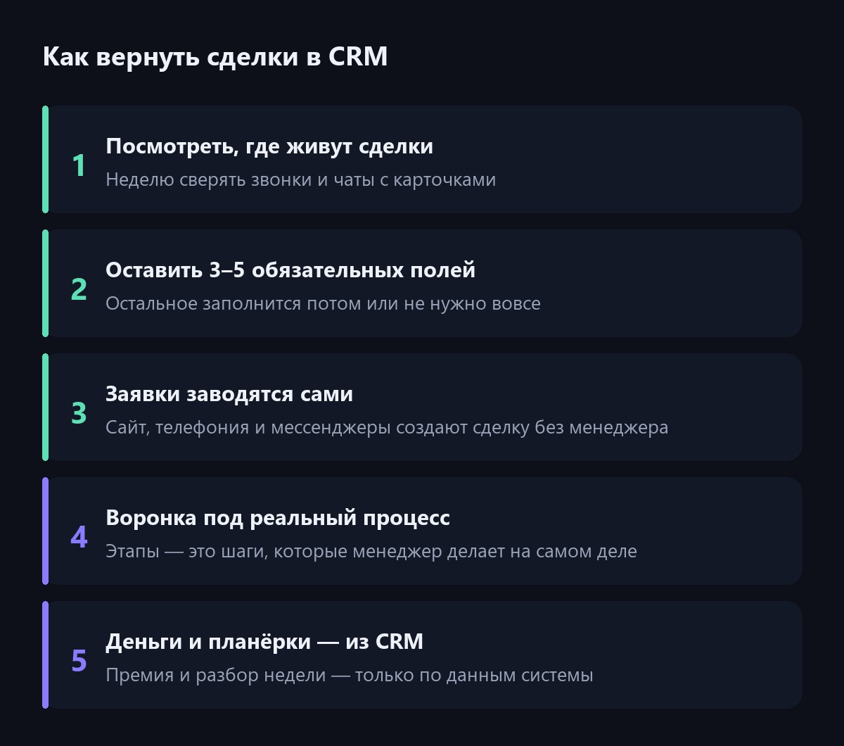Как вернуть сделки в CRM: найти, где живут сделки, сократить поля, автоматический ввод заявок, воронка под процесс, премия и планёрки из CRM